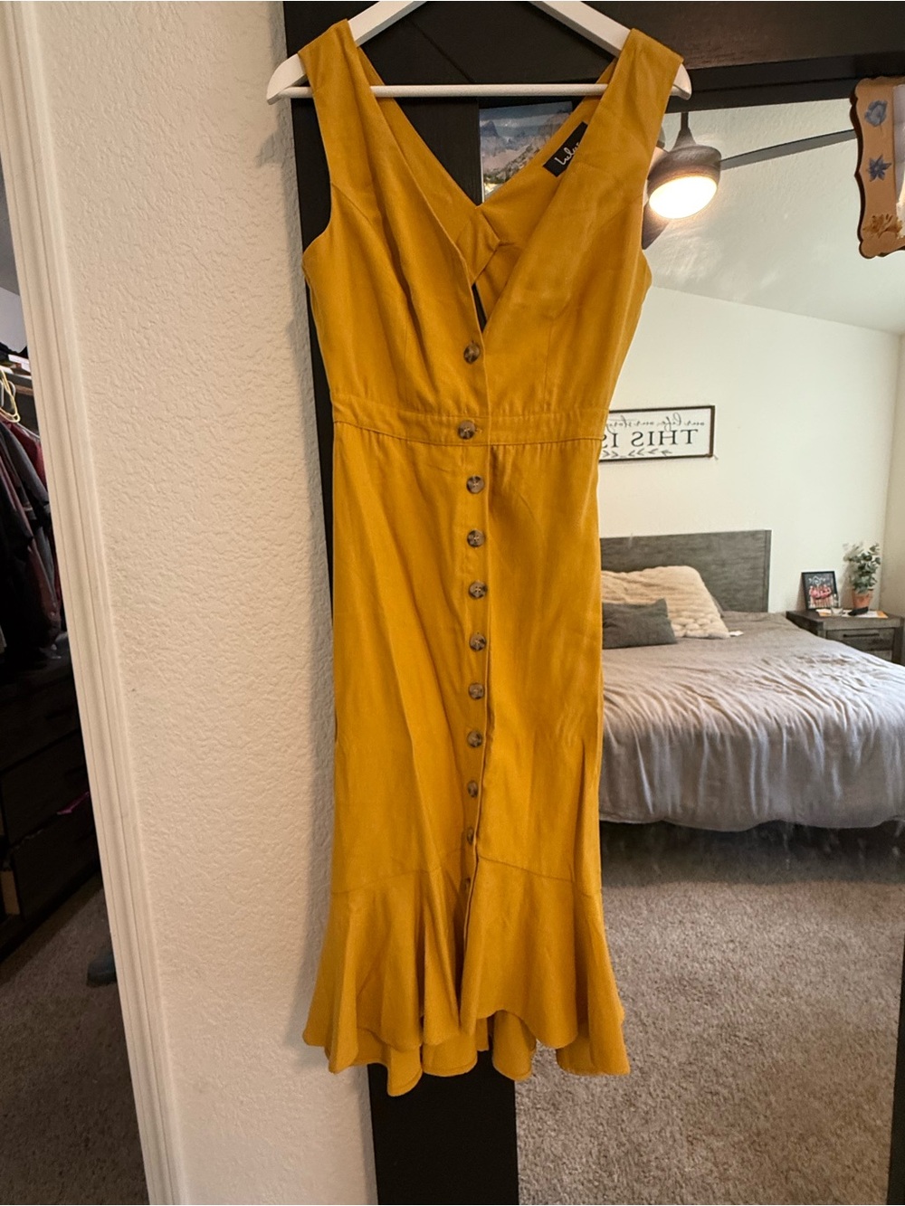 Lulu's Mustard Button-Front V-Neck Midi Dress